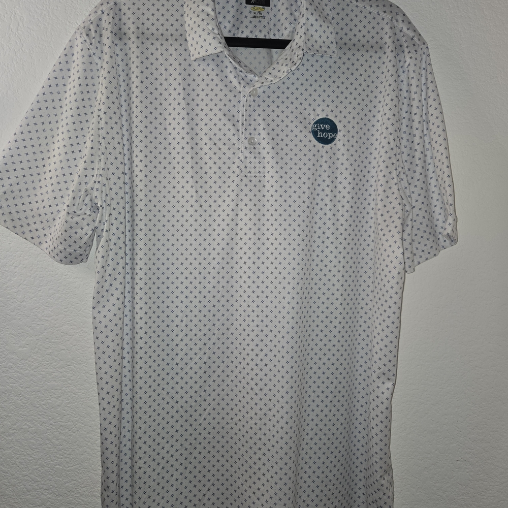 Greg Norman Polo Shirt White/Blue Size XL GIVE HOPE Embroidery Logo 100% Polyest